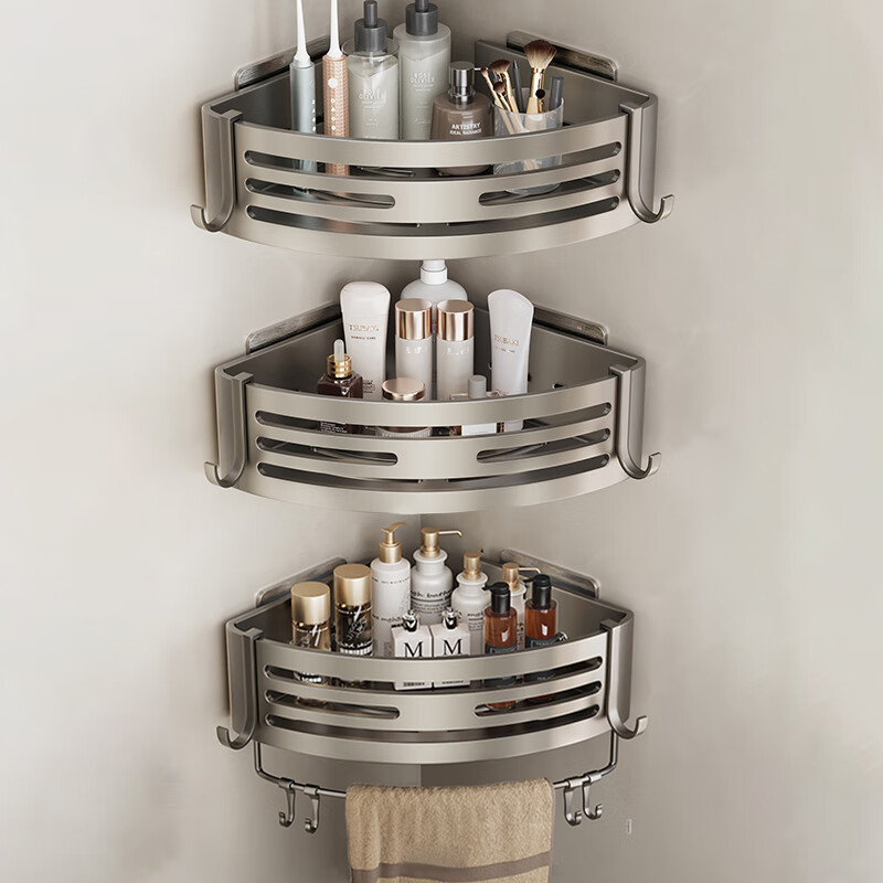 1-2PCS Shower Corner Shelf with Hook Towel Bar No Drill Space Aluminum Shower Storage Rack Bathroom Organizer: DARK GRAY