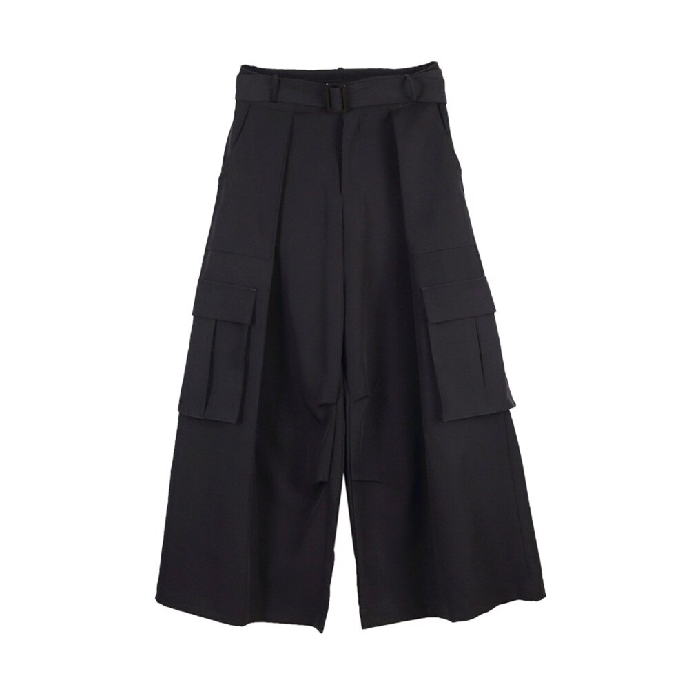Men High Waisted Wide Leg Pants Loose Gothic Pocket Kendo Hakama Trousers Black Pants 903-B567