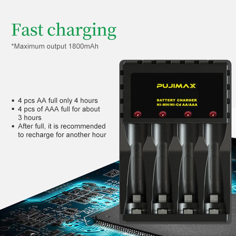 PUJIMAX 4 fentes alimentation LED affichage chargeur de batterie Intelligent Micro type-c interface pour AA/AAA ni-cd Ni-Mh batterie Rechargeable