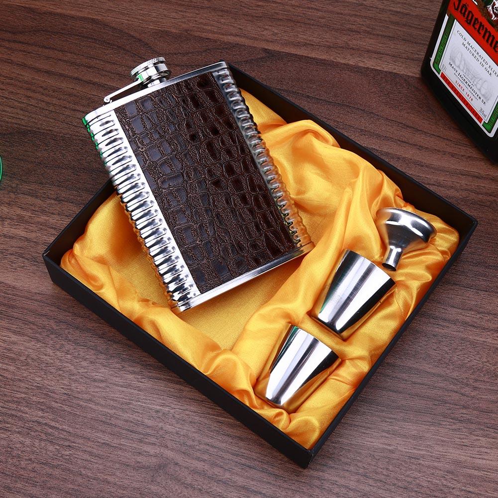 8oz Leather Stainless Steel Hip Flask Set Whiskey Flagon with 1 Funnel 2 Cups Box Flask Drinkware