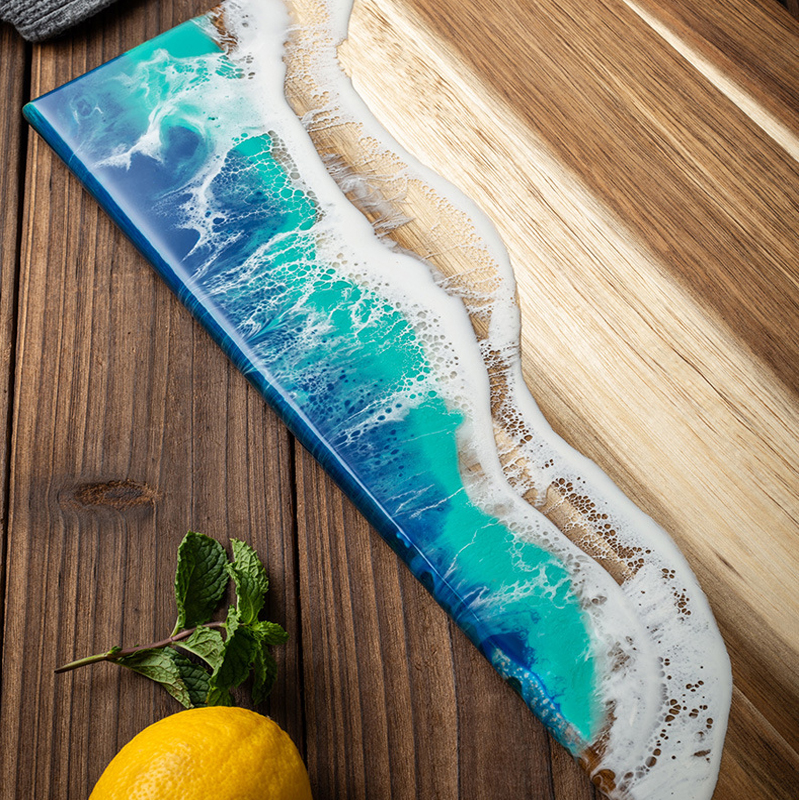 Deska robić krojenia z drewna akacjowego z żywicy epoksydowej, dekoracja z motywem oceanicznych fal, deska kuchenna robić przygotowywania posiłków i serwowania wędlin, deska robić chleba challah.