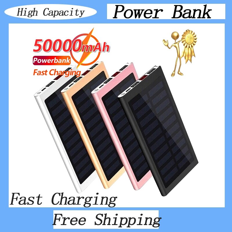 Thin 50000mAh Large Capacity Solar Power Bank Digital Display External Battery Portable Fast Charger for IPhone Xiaomi Huawei