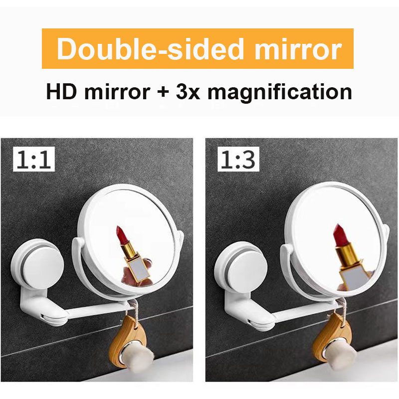 Espejo de baño sin taladro montado en la pared, 360 ° Espejo de tocador plegable giratorio de doble cara para organizador de maquillaje de dormitorio (blanco)