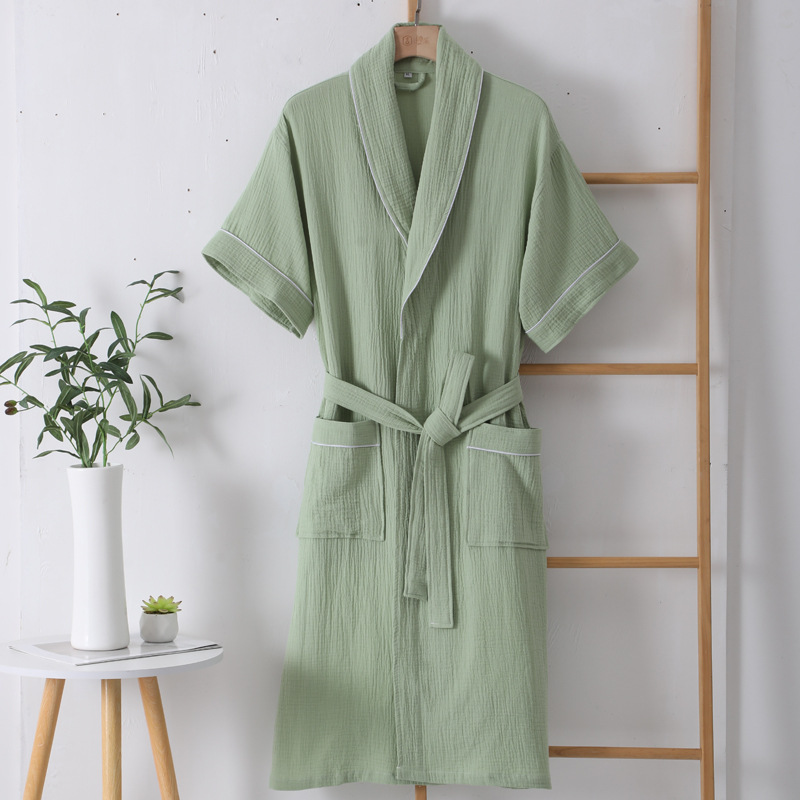Albornoz de algodón fino para hombre y mujer, camisón de manga corta de gasa de doble capa, absorbente y de secado rápido, para verano: L / Verde