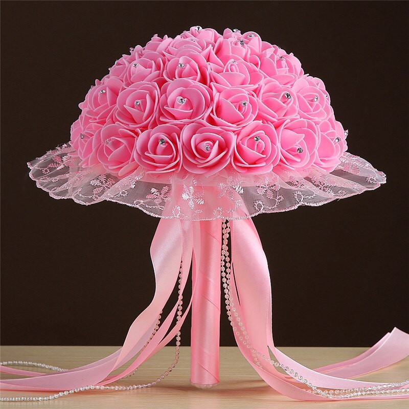 Amor boda Ramos de dama de honor boda decoración hecha a mano PE Artificial flores falsa Perla Ramos Rosa: Pink