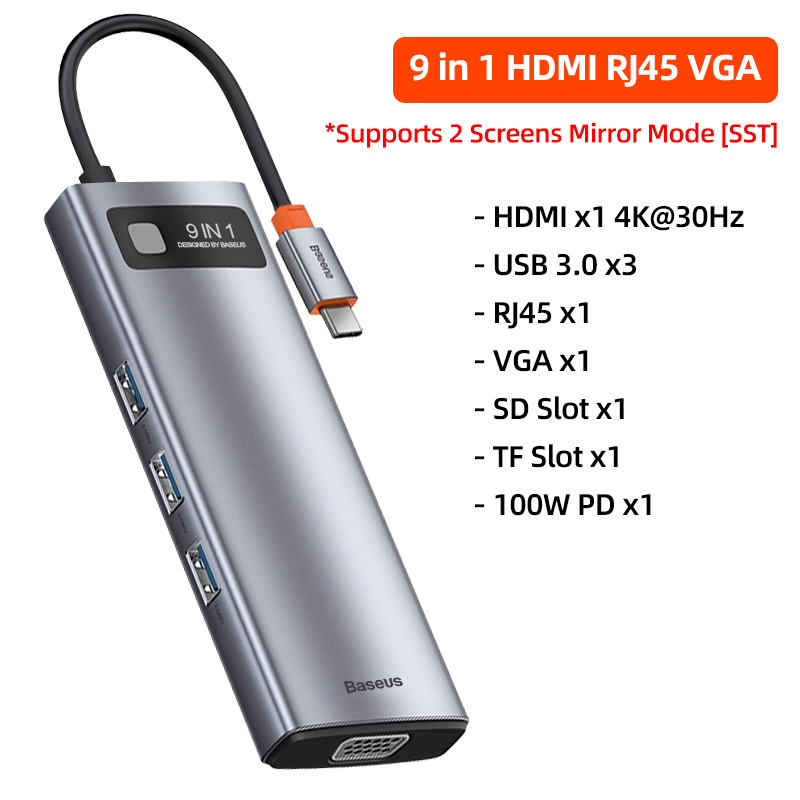 Baseus USB C HUB Multi HUB Ethernet Network PD 100W Type C Docking Station Splitter HDMI-Compatible USB 3.0 Adapter For Macbook: Dark Grey