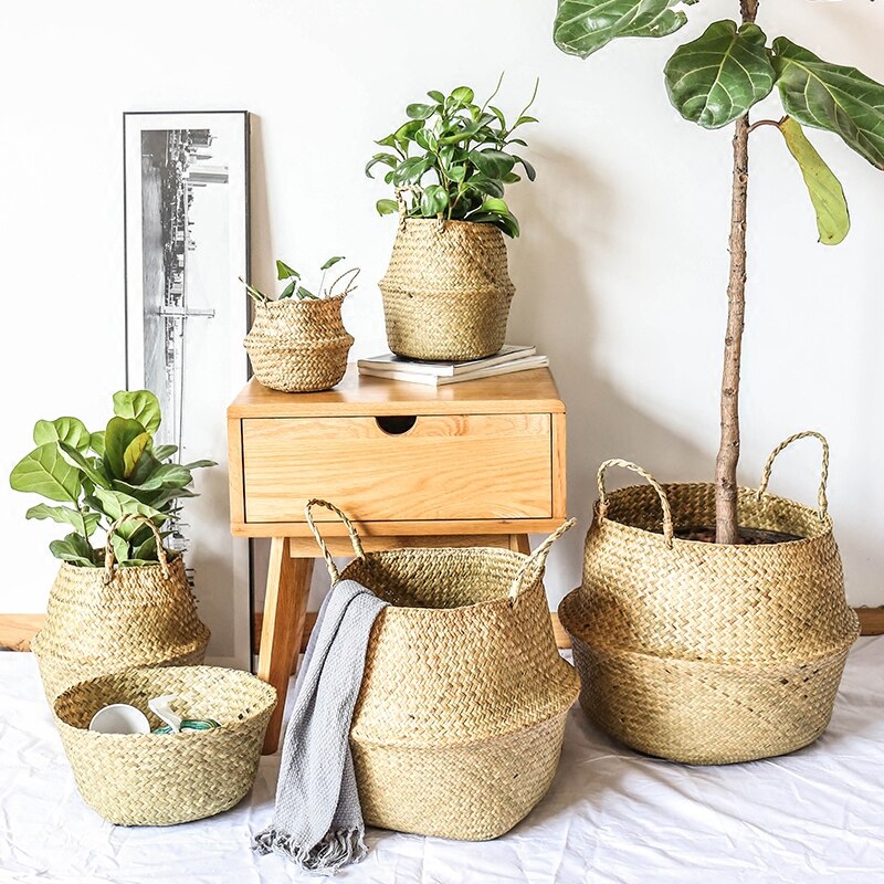 Håndlavet rattan opbevaringskurv søgræs vasketøjskurv flet picnickurv til plante blomst frugt opbevaringsboks snavset tøj taske