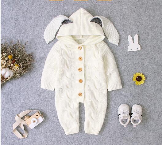 2022 nova menina do bebê macacão de inverno coelho da criança manga longa com orelhas com capuz botão sólido malha meninos macacões bebê ropa outfit: white / 6 m