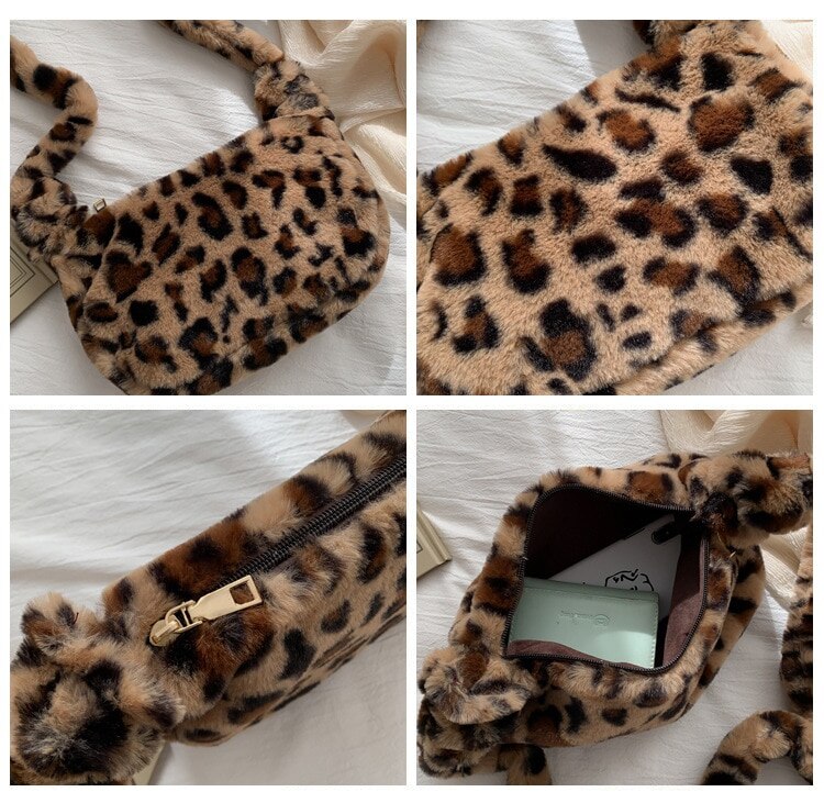 Fluffig kvinnlig handväska liten leopardmönster crossbody väska kvinnor plysch mjuk avslappnad axelväska сумка женск