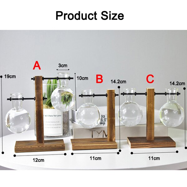 Table Desk Bulb Glass Hydroponic Vase Flower Plant Pot with Wooden Tray Office Decor FEA889