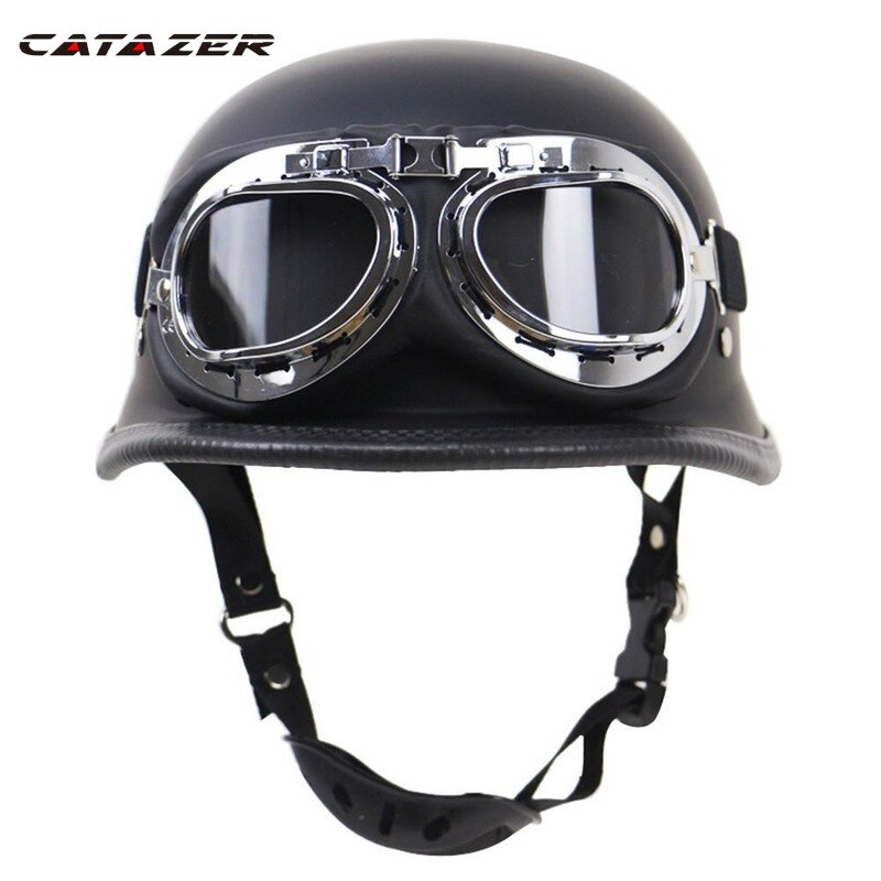 Leren motorhelm duitse open motorhelm chopper biker piloot 5 maten zwart