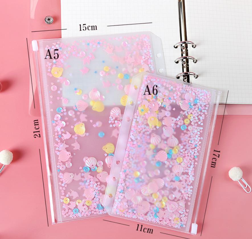 Archivador con agujeros y bolsillos de plástico para libreta, bolsa con cremallera para 6 anillos, con copos de brillantina, decoración de estrellas, A5/A6