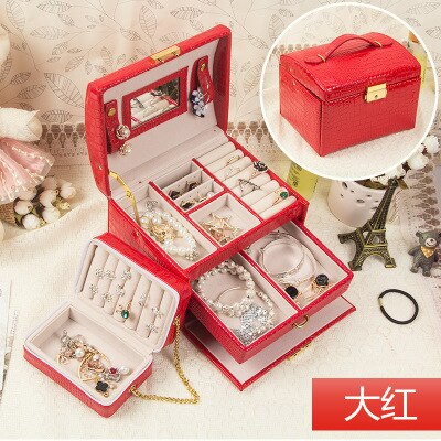 Leather Jewelry Box 7 Colors With Small Protable Travel Jewelry Casket 3 Layers Box: Red