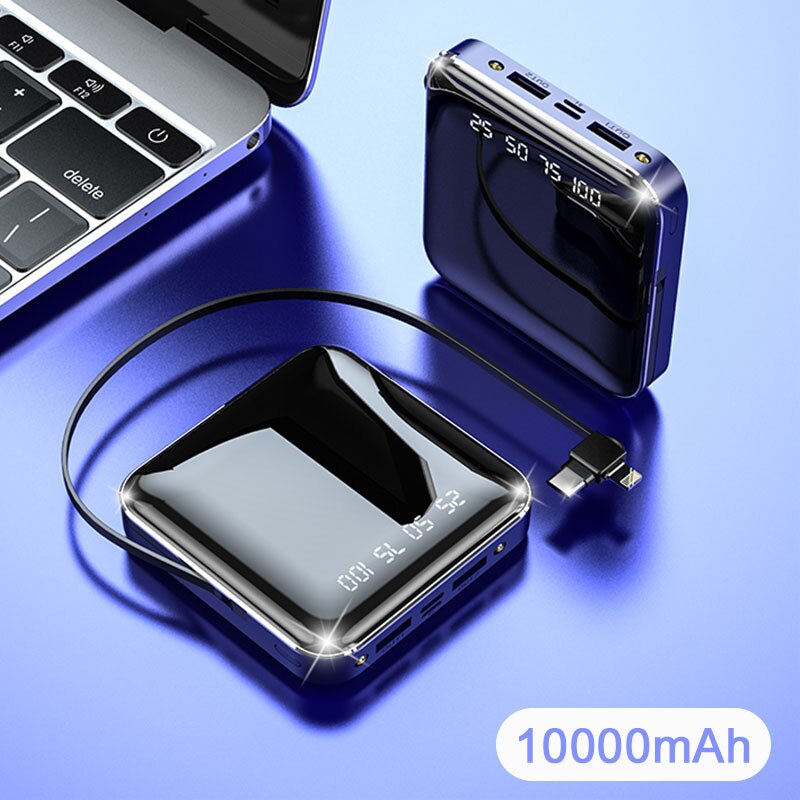 CASEIER Mini 20000mAh Power bank 10000mAh Powerbank For iPhone 11 X XR Xiaomi Mi9 Huawei P30 Mirror Screen With Cables Poverbank: 10000mAh Blue