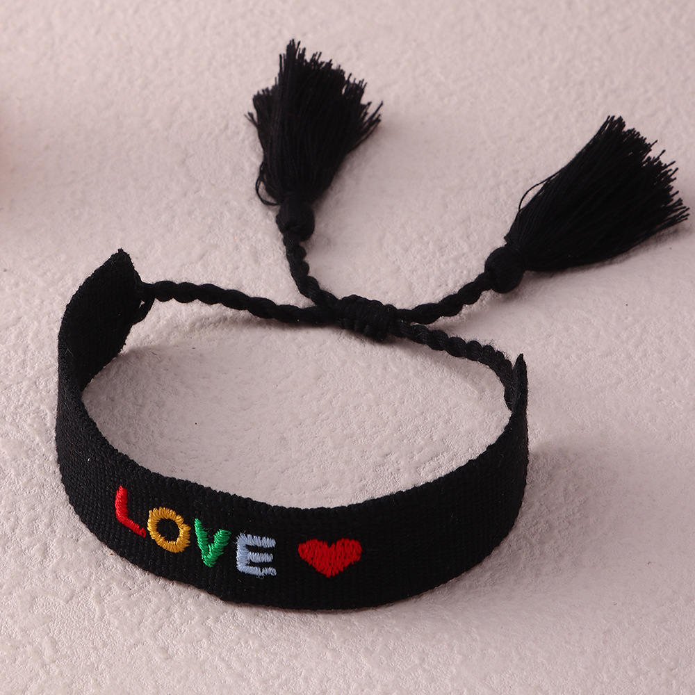 Bracelet en tissu brodé de lettres ethniques pour femmes, bijoux de luxe, style bohème, pompon réglable, d&#39;amitié: BZ1495G