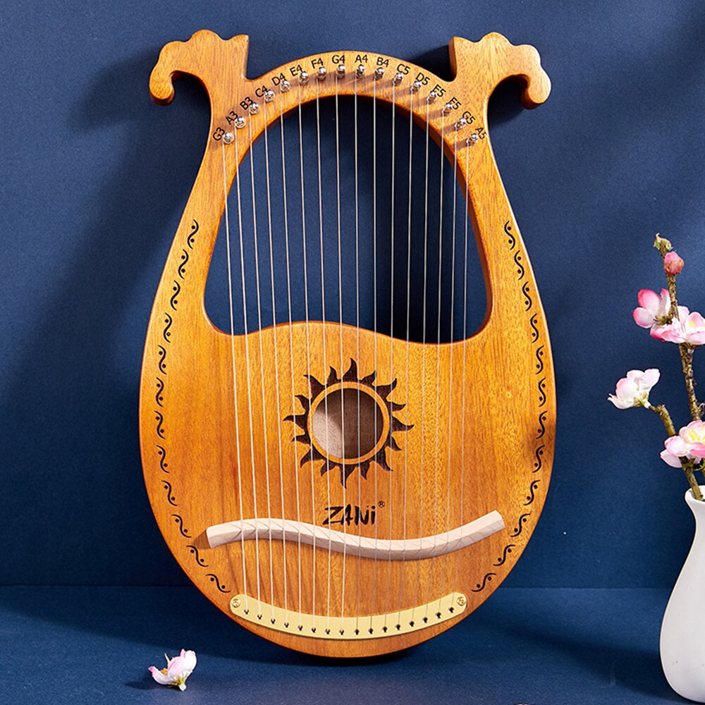 Solid Wooden Entertainment Wooden Lyre Harp Sun God Pattern With Tuning Tool Wrench Cleaning Cloth Metal Strings