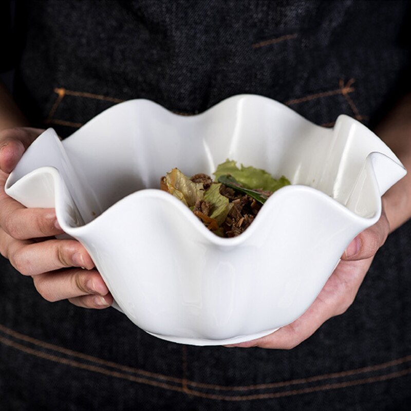White Ceramic Irregular Salad Bowl Curling Edge Dinner Plates Fruit Kitchen Decor Dishware Platos De Cena
