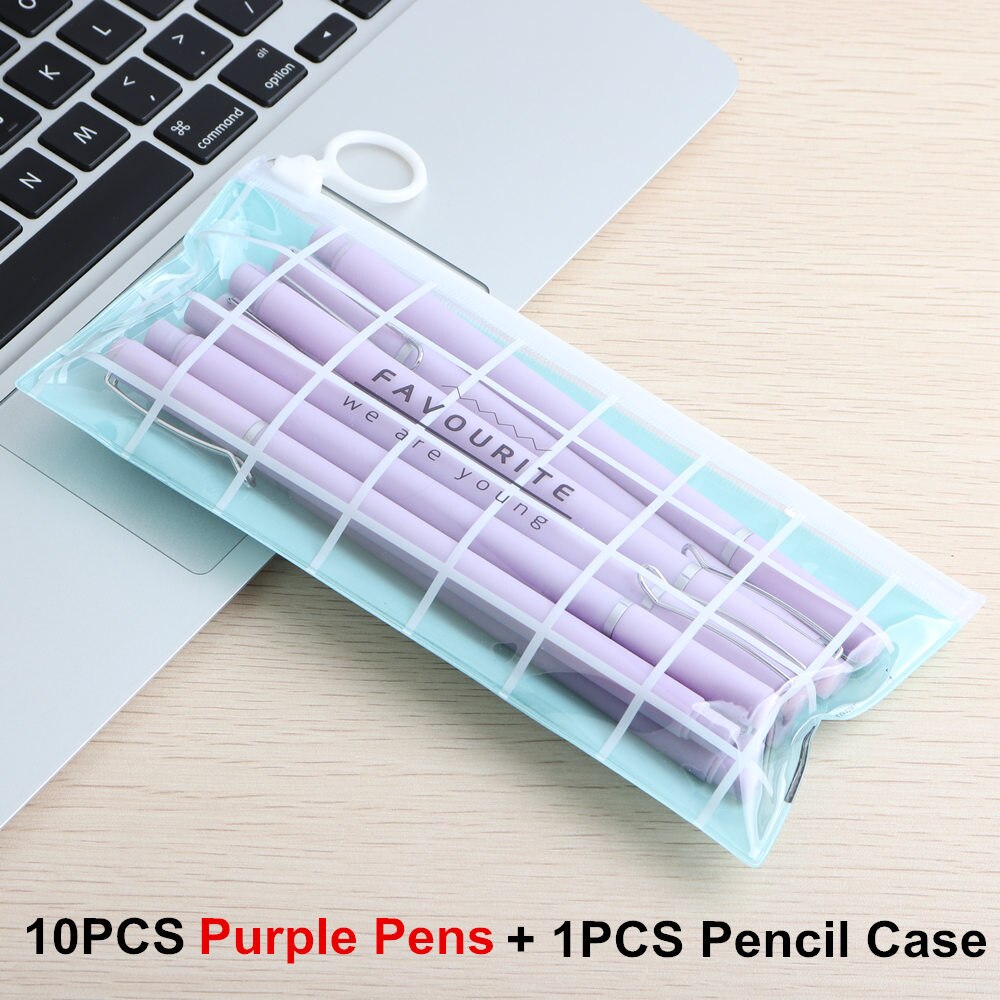 10Pcs/Set Promotional gel pen And Pencil Case Pen Stationery Kawaii Gel Ink Pen School Stationery Office Suppliers Pen: 1Set Purple B