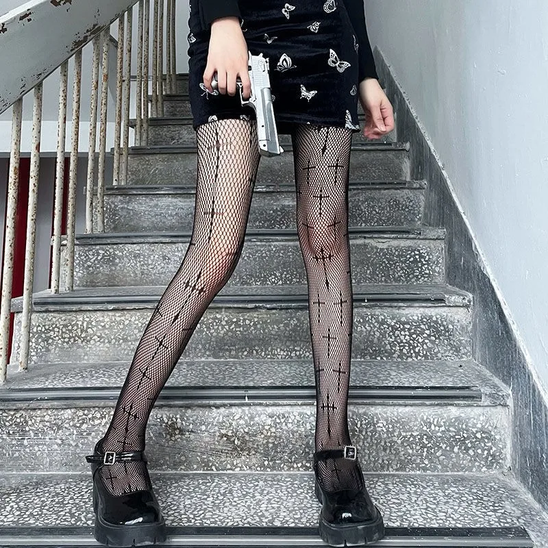 Lolita Ragazze Carino Pentacolo Stampa Collant Donne Sexy Gotico Punk Magico Stella a Cinque Punte Maglia Pesce Net Collant Calze per il Corpo: Grigio