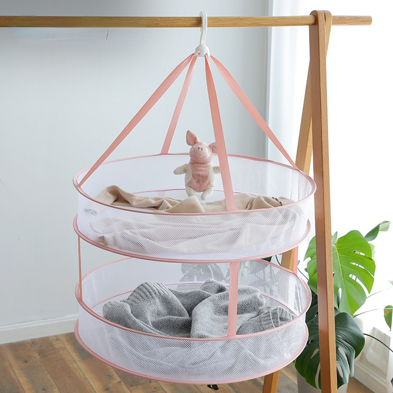 Clothes Drying Basket Hanging Sweater Net Mesh Pink Pocket Retractable Anti-Deformation Rack Socks Drying Bag Laundry Storage
