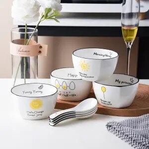 Huishouden Kom Set Keramische Servies Combinatie Leuke Cartoon Japanse Kom Creatieve Eten Rijstkom Soepkom Met Lepel: YELLOW