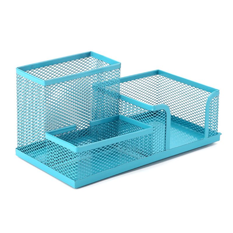 4 Colors Metal Mesh Desk Organizer Pen Pencil Storage Holder with 3 Compartments for Home Office Students Supplies Accessories: Blue