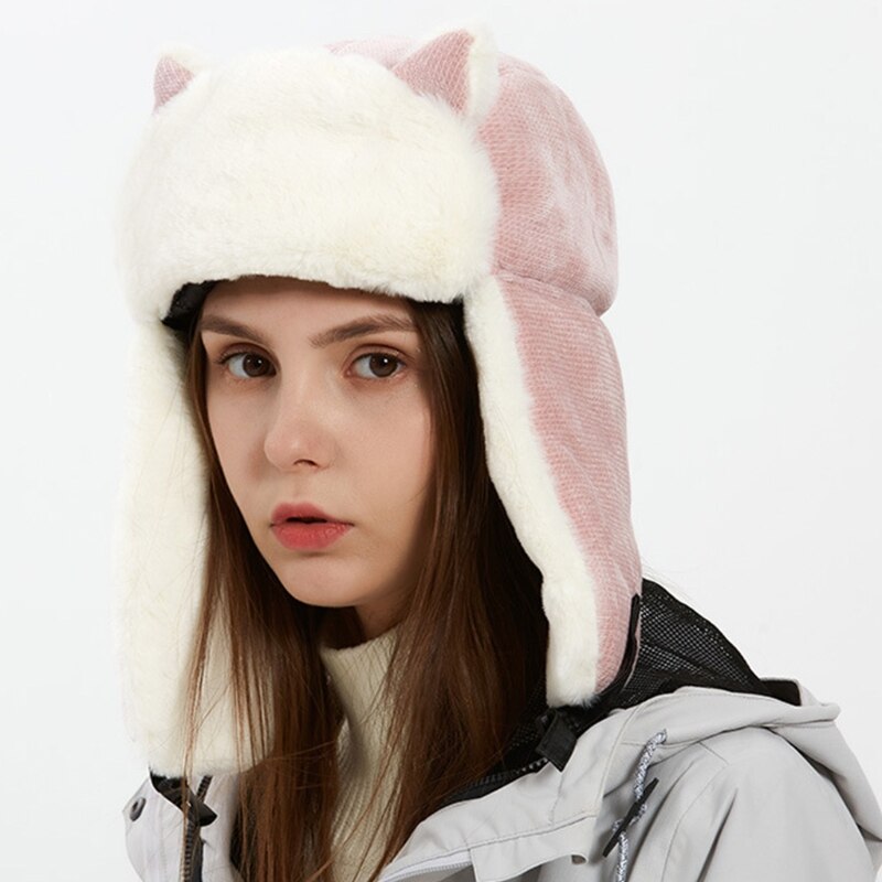 Women Winter Thicken Plush Lining Trooper Bomber Hat Lady Cute Cat Ears Outdoor Cold Weather Snow Ski Windproof Earflap Cap