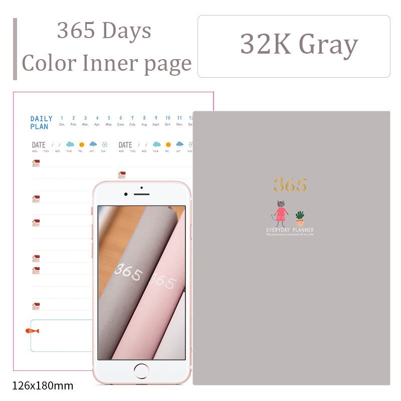 365 Days DIY Notebook Agenda A6 Diary Monthly Weekly Planner Organizer Color Paper Notebooks and Journals Drawing Book: Gray-02