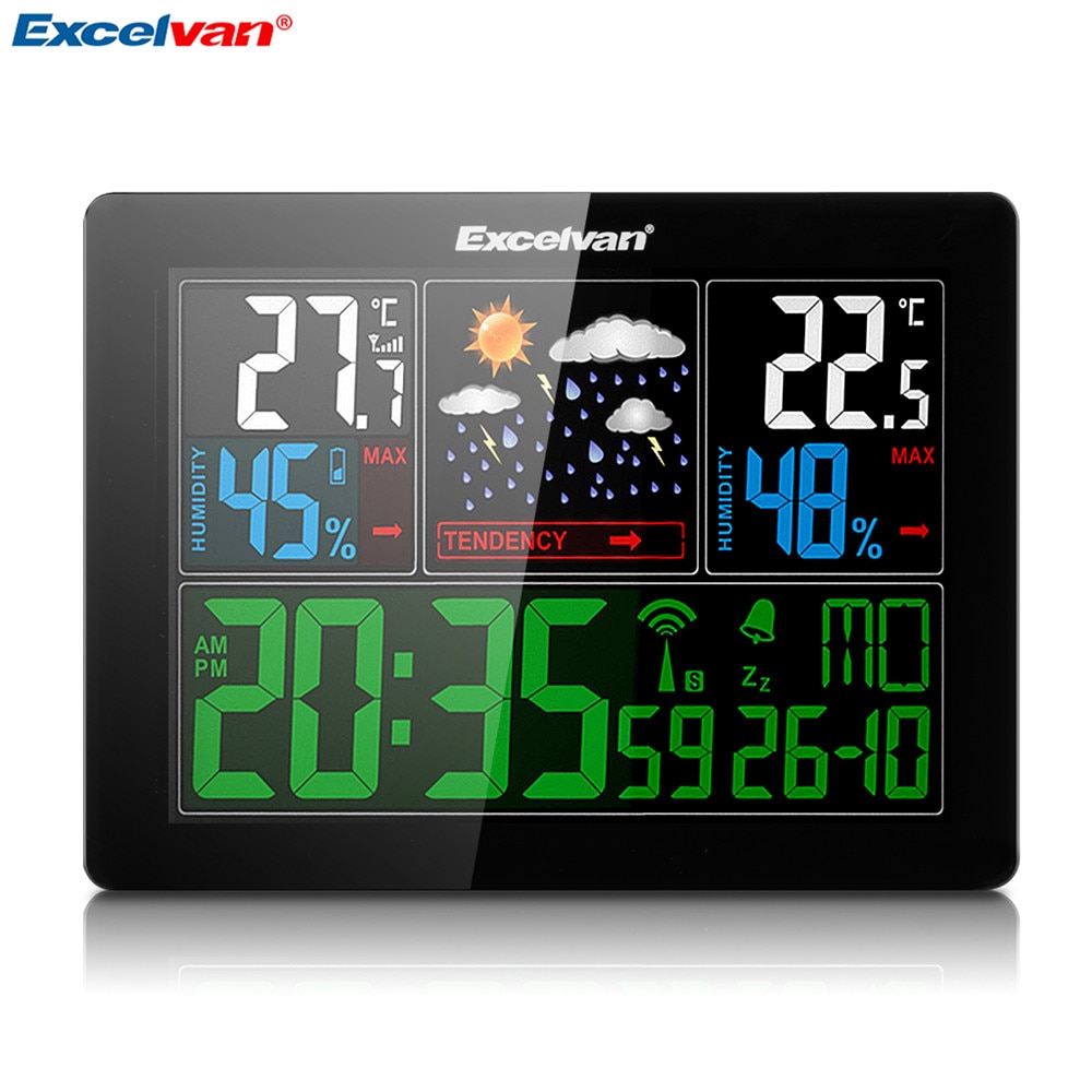 EXCELVAN COLOR Wireless Weather Station With Forecast Temperature Humidity EU Plug Alarm and Snooze Thermometer Hygrometer Clock