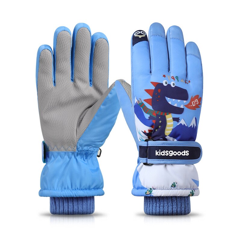 Guantes de esquí para niños, manoplas de invierno a prueba de viento, impermeables, gruesas, cálidas, antideslizantes, para ciclismo, escalada, al aire libre, manoplas cálidas de dibujos animados: dinosaur2