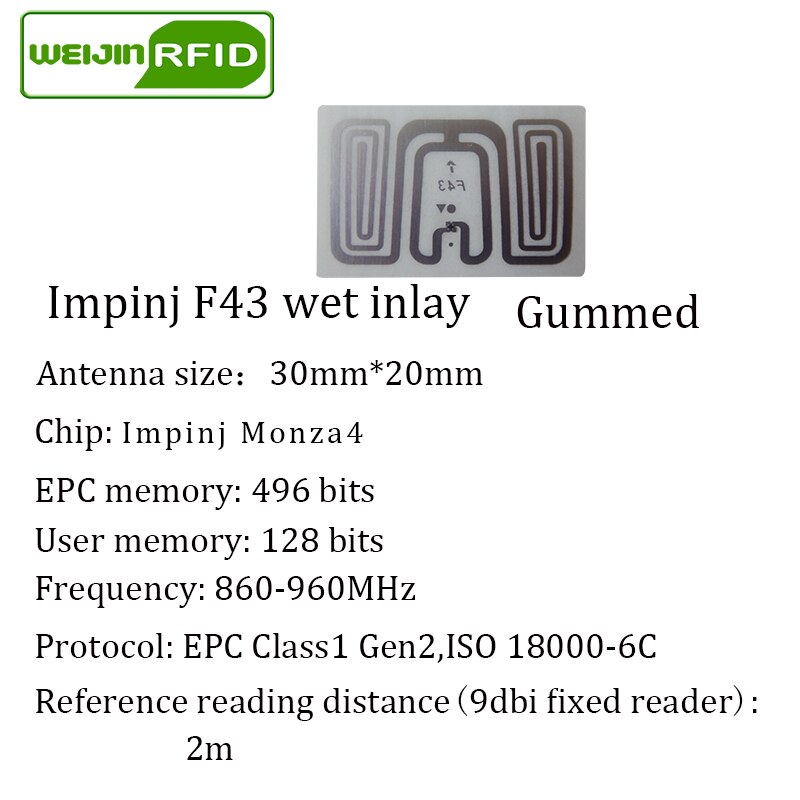 Sticker rfid uhf tag passivo tag impinj alien wet inlay 900 915m 868 860-960mhz VIKITEK EPC c1G2 6c self-adesivo etichetta RF circuito integrato: 30x20mm wet F43