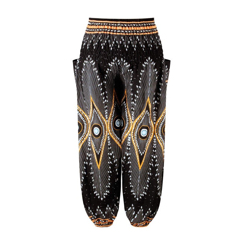 Men Thai Harem Pants Casual Trousers Loose Elastic Waist Vintage Print High Waisted Beach Pants Unisex Women Drawstring: D101802