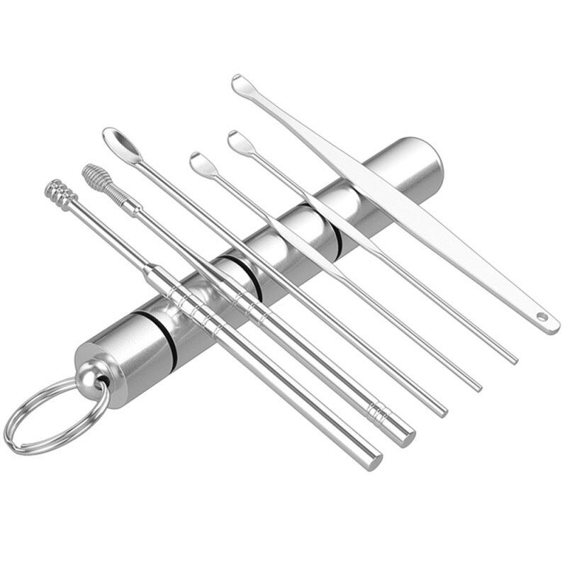 6Pcs Oor Lepel, Schoon Remover Oor Pick Rvs Oor Cleaner Tool Oorsmeer Remover Earpick Set Gezondheidszorg: Zilver