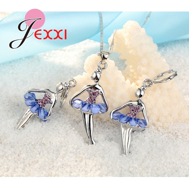 Belle Ballet danse fille avec coloré cubique Zircon robe 925 en argent Sterling bijoux ensemble collier boucles d'oreilles