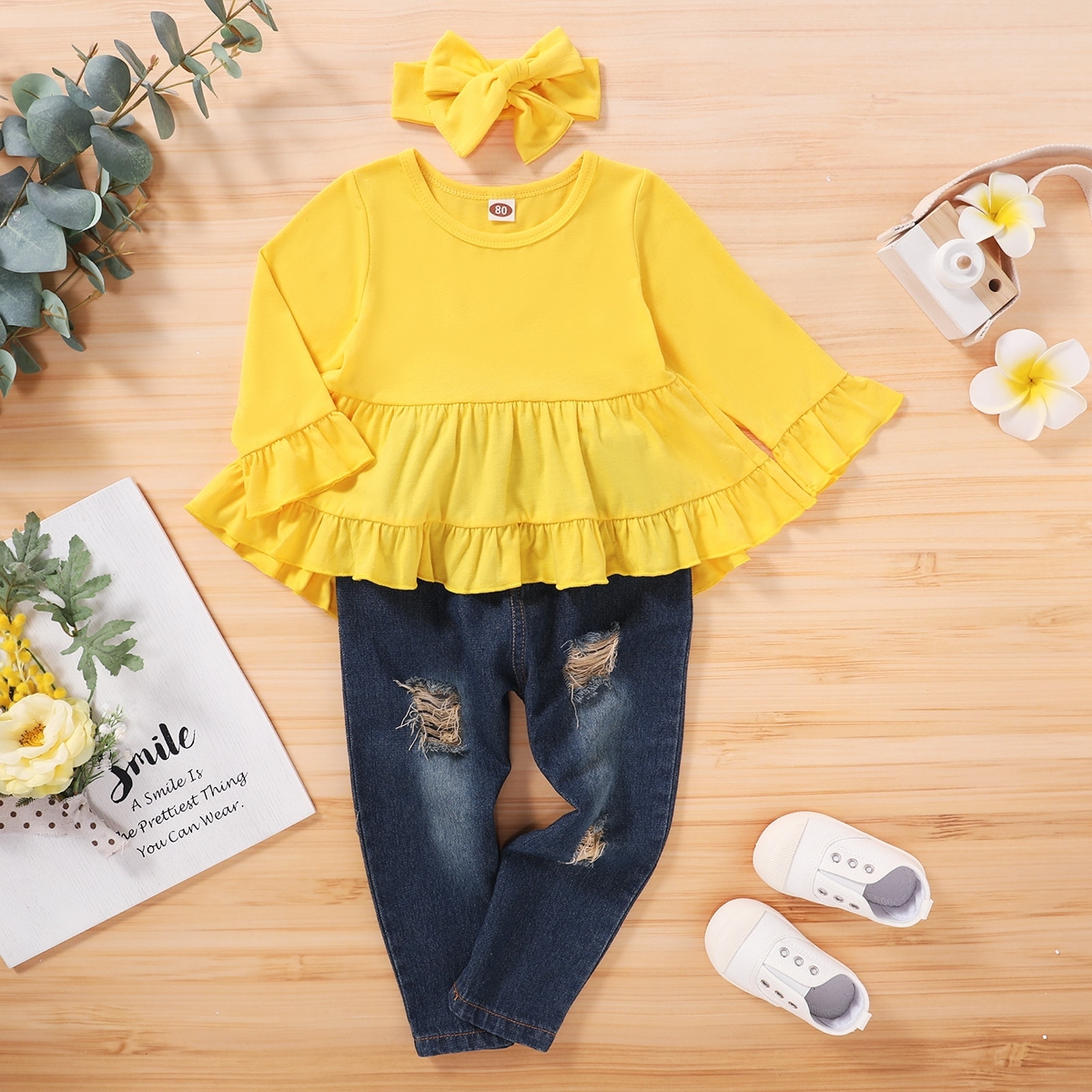 CYSINCOS Spring Children Sets Casual Long Sleeve Print Floral Dresses Denim Pants with Holes Casual 2Pcs Girls Clothes Sets: red / 100cm