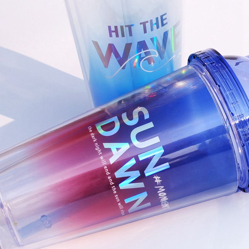 Gradiënt Stro Cup Grote Capaciteit Plastic Waterfles Netto Celebrity Handige Phantom Kleur Kat Oor Cover Stro Dubbele Cup