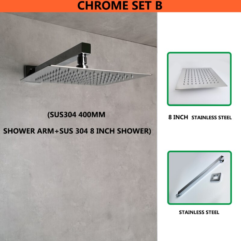 Shine Chrome Square Concealed In Wall Head Shower Set System with Ultra thin 8 inch 304 Stainless Steel or ABS Top Shower: SS Wall Shower Set