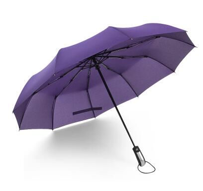 10 Botten volautomatische 3 Vouwen Zakelijke Paraplu Dual-purpose Winddicht Versterking Zwarte Coating Parasol: Paars