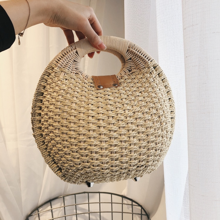 Bolso de mano de mimbre redondo con de mimbre para mujer, bolsos de hombro tipo bandolera para mujer, bolsa de paja de playa de verano informal