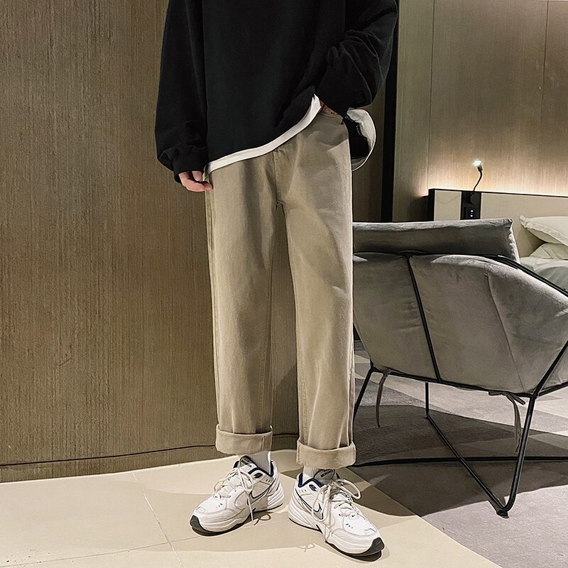 Green Khaki Beige Jeans Men Cotton Casual Jeans Men Streetwear Loose Hip Hop Straight Denim Pants Mens Trousers M-2XL: Khaki  / M