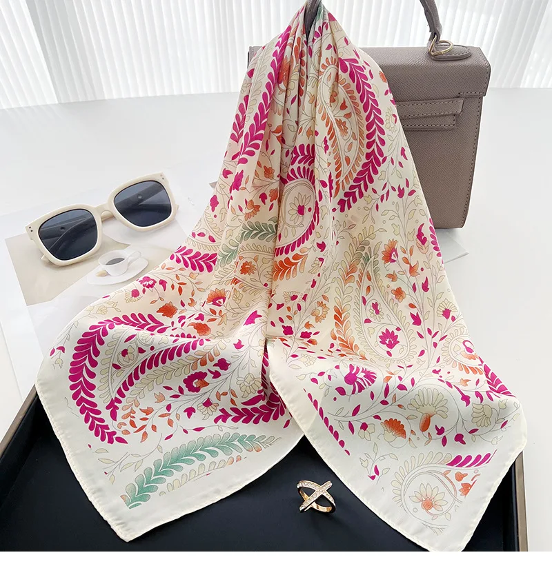 Lenço de seda quadrado feminino, estampa floral luxuosa, lenço de cetim macio, lenço de cabelo, cabeça Hijab, bandana senhora, fita foulard bag