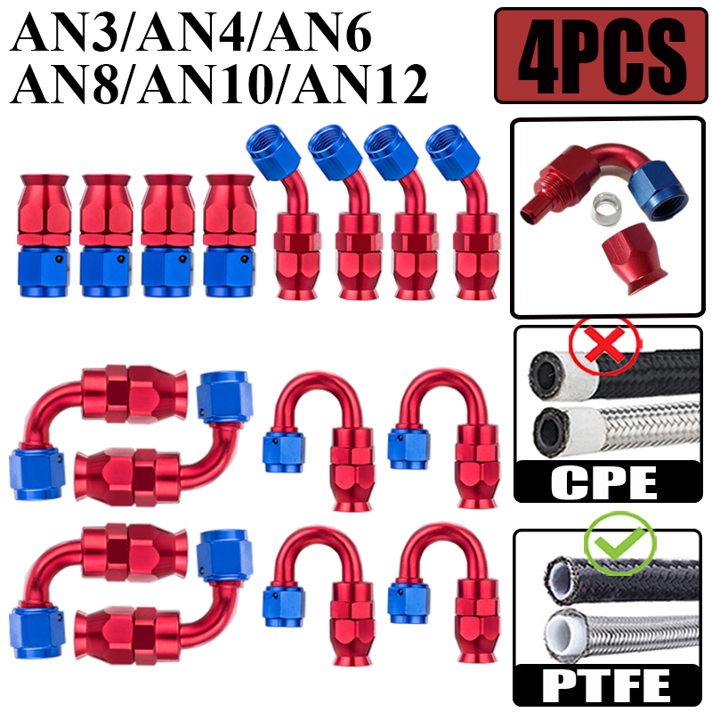AN4 To AN12 PTFE Hose End Fittings – 0°, 45°, 90°, 180° Angles – Red/Blue Aluminum