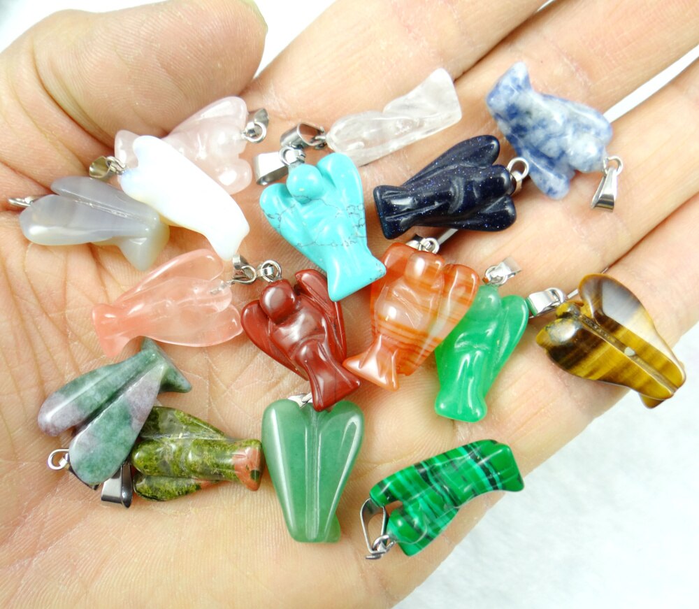 Natural stone Quartz Crystal lapis Turquoises tiger eye angel pendants for diy Jewelry making necklace Accessories2pcs