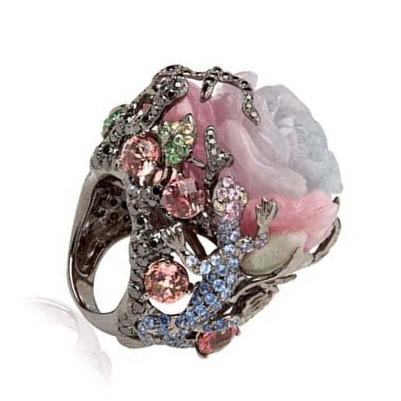 Rosa Fiore Albero Anelli dell'annata per Le Donne retrò Zircone Anello Dei Monili Anello Nero Femmina Commercio tutto'ingrosso Etnico Anelli Delle Signore Delle Donne Boho