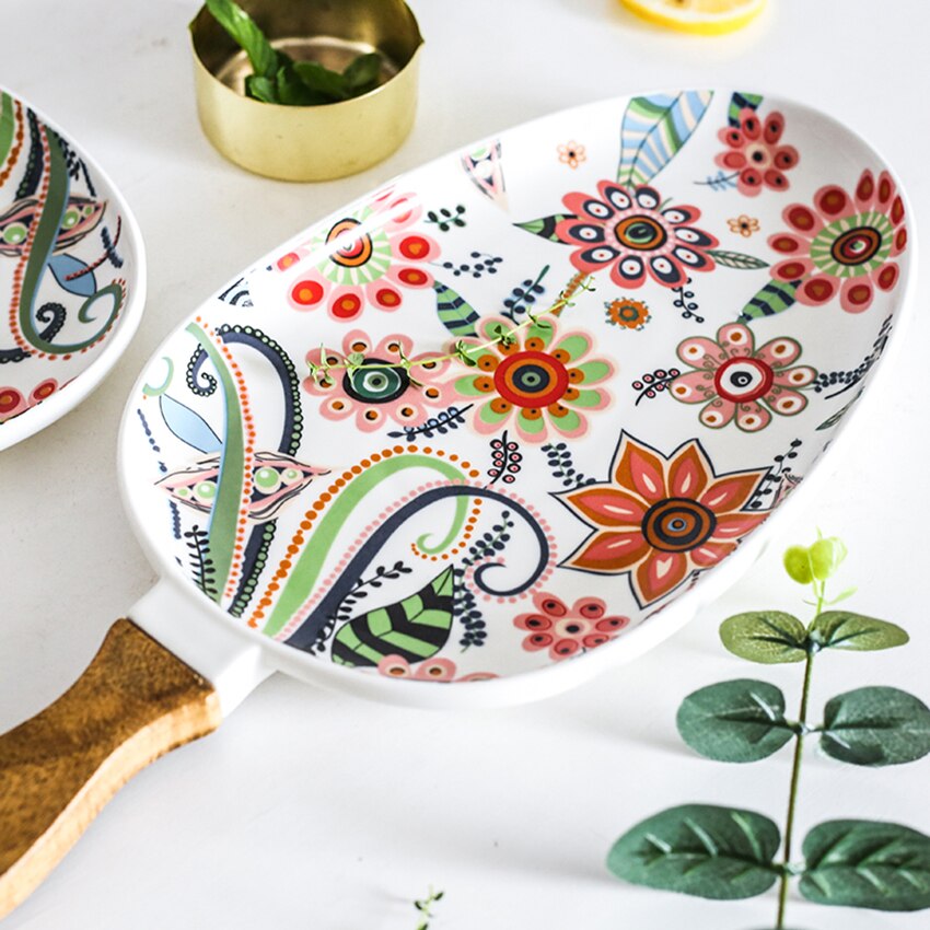 Platos de ensalada de cerámica con asa, platos de cena de porcelana, plato de servir de patrón Floral colorido para sándwiches de postres