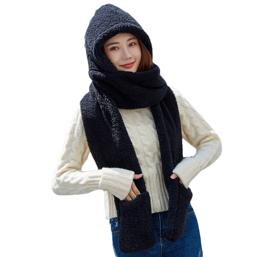 3 In 1 Vrouwen Warm Hood Sjaal Snood Pocket Handschoenen Hoed Leuke Voor Winter Outdoor-MX8