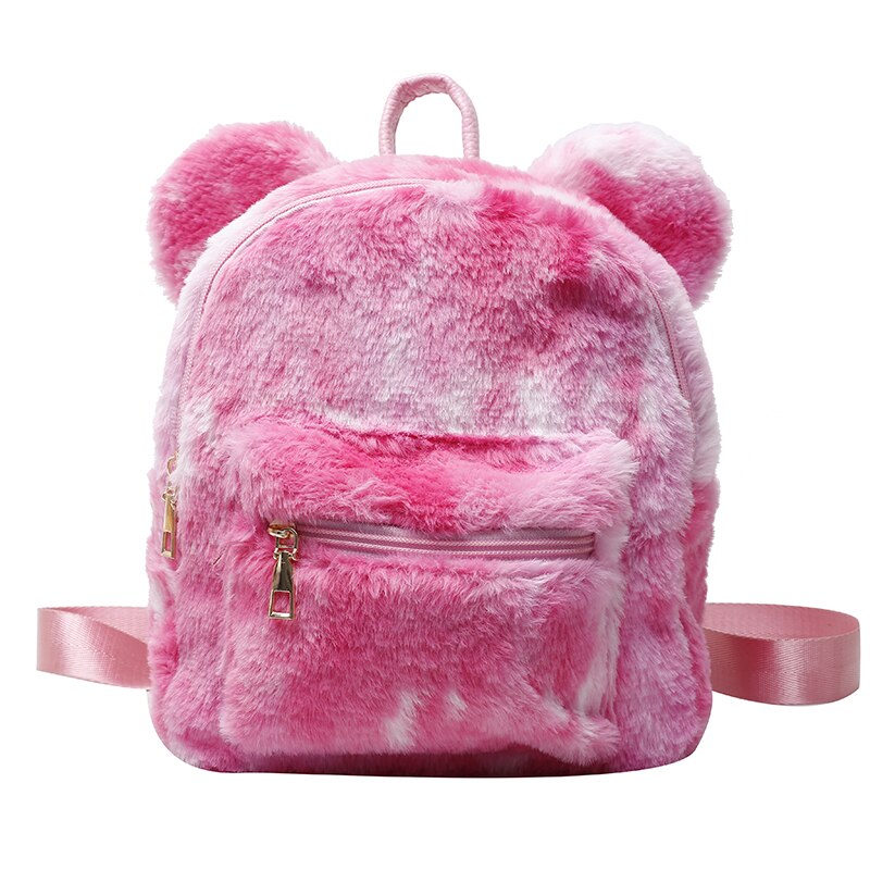 Bear Ears Plush Female Backpack Faux Fur Shoulders Bag Cute Furry Women Bag Winter Bags For Women 2022 Mini Girl Backpacks: Color Pink Backpack