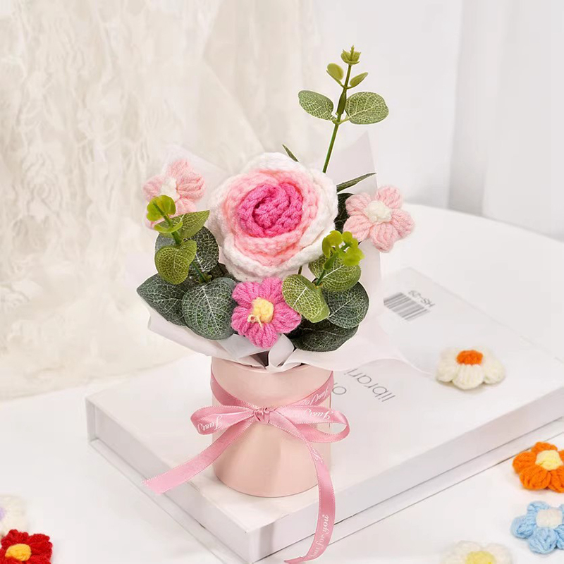 Flores de crochê abraçando balde buquê de flores artificiais mão tecido puff flores professores presentes de casamento dos namorados decoração de casa