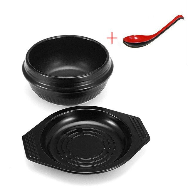 16cm Black Classic Korean Stone Pot Cuisine Sets Ceramic Stone Bowl Pot for Bibimbap Ceramic Soup Ramen Rice Bowls Cookware: Bowl Tray Spoon