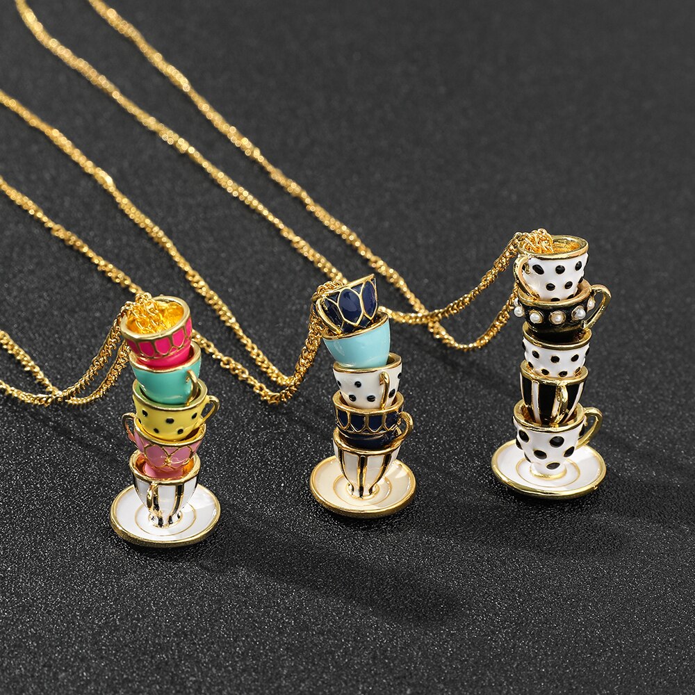 FXM Bohème Teetasse Anhänger Halskette Damen - Handgefertigt Emaille Metall Pullover Kette Schmuck